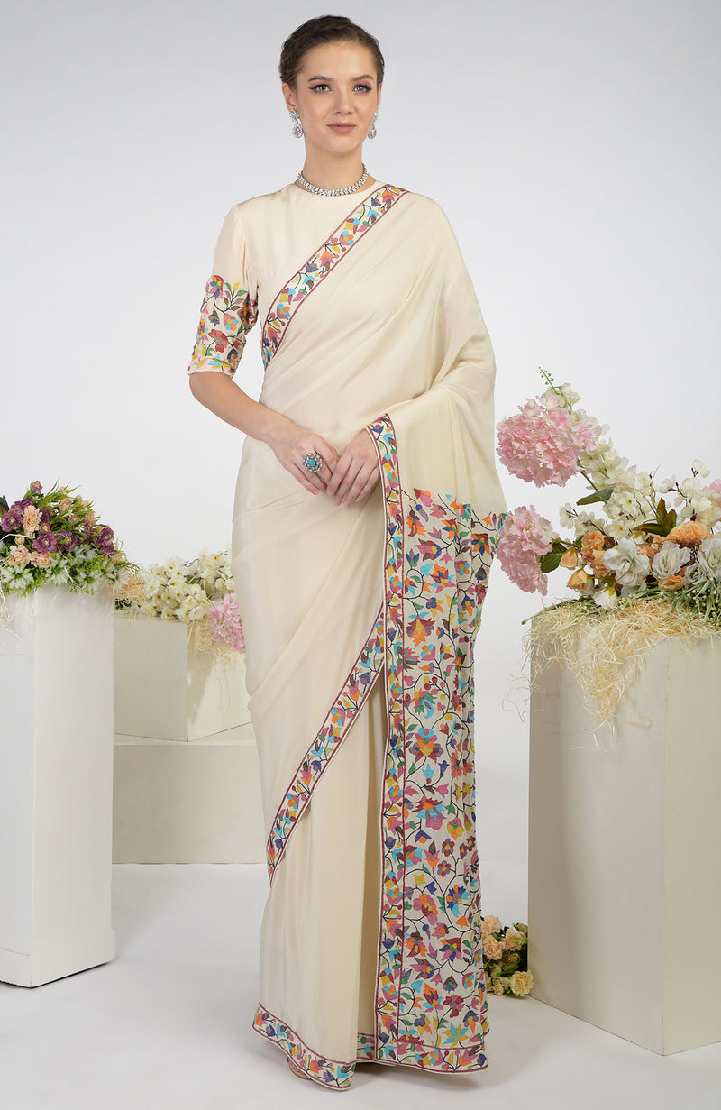 Butter Cream Kashmir Kani Art Embroidered Pure Crepe Silk Saree With Blouse