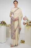 Butter Cream Kashmir Kani Art Embroidered Pure Crepe Silk Saree With Blouse