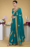 Peacock Blue-Gold Kashmiri Tilla Aari Embroidered Pure Georgette Saree