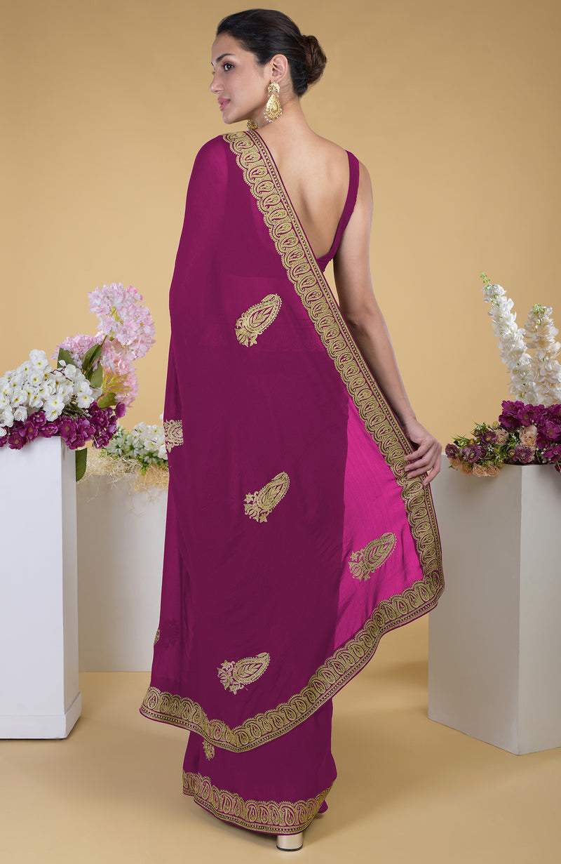 Peacock Pink-Gold Kashmiri Tilla Aari Embroidered Pure Georgette Saree