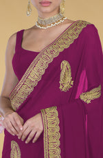 Peacock Pink-Gold Kashmiri Tilla Aari Embroidered Pure Georgette Saree