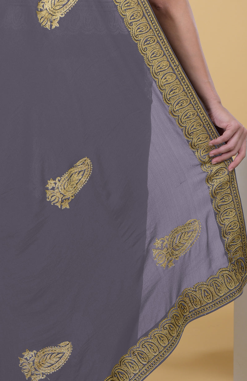 Pewter-Gold Kashmiri Tilla Aari Embroidered Pure Georgette Saree
