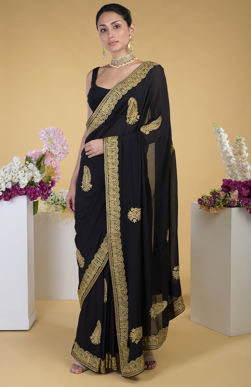 Black-Gold Kashmiri Tilla Aari Embroidered Pure Georgette Saree