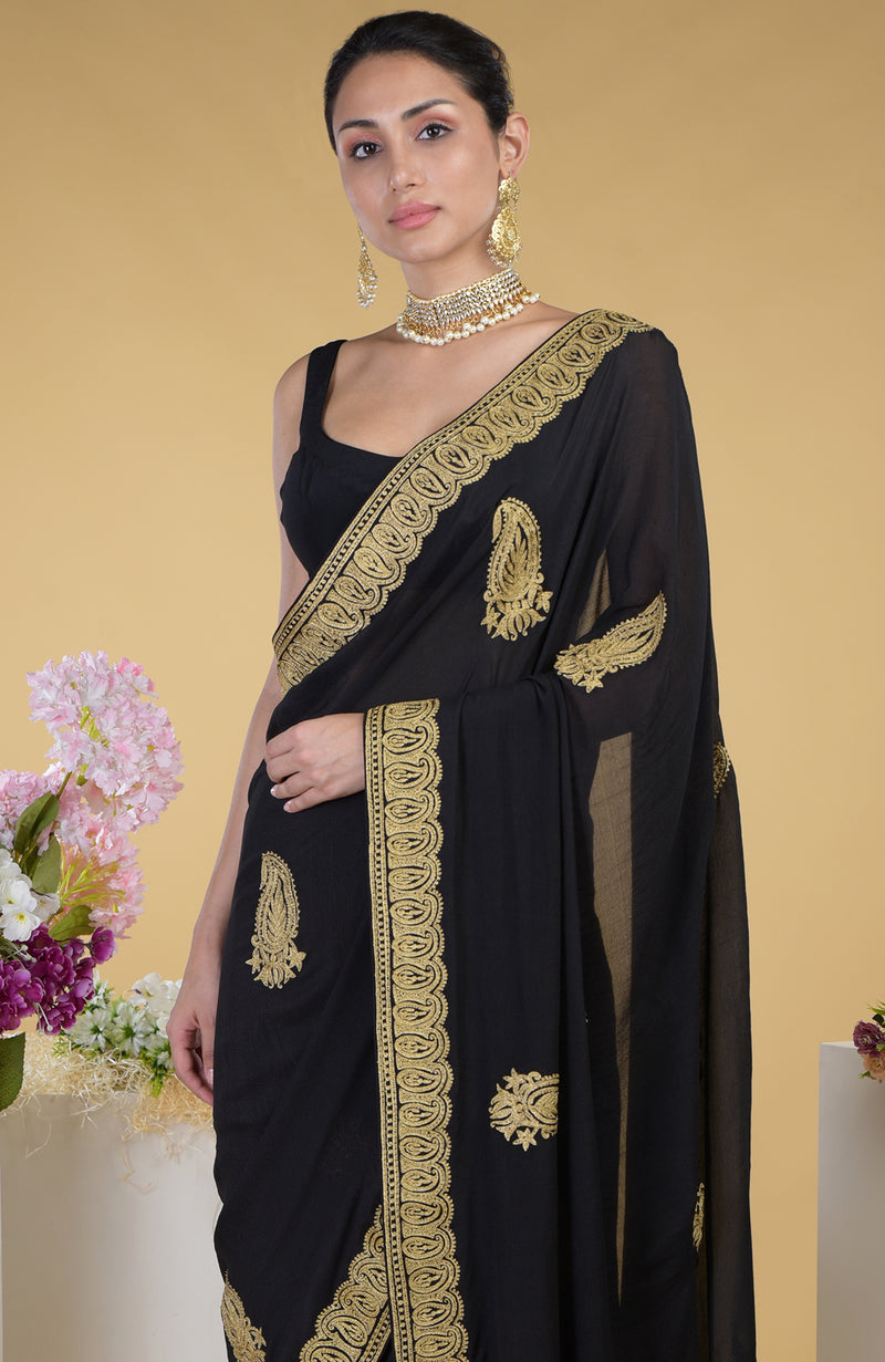 Black-Gold Kashmiri Tilla Aari Embroidered Saree