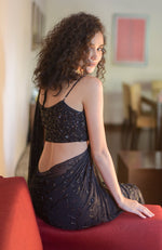 Starry Night Black Hand Bead Embroidered Draped Gown Saree