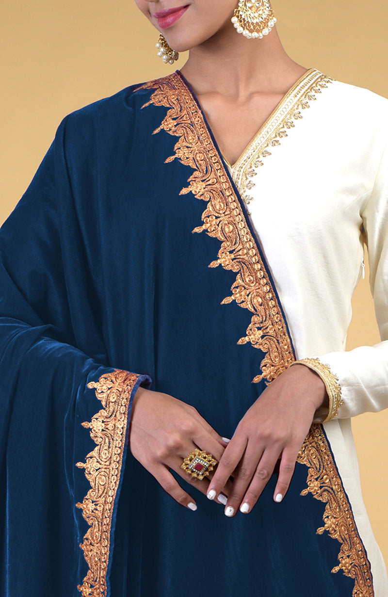 Classic Blue Kashmiri Tilla Embroidered Dupatta Shawl