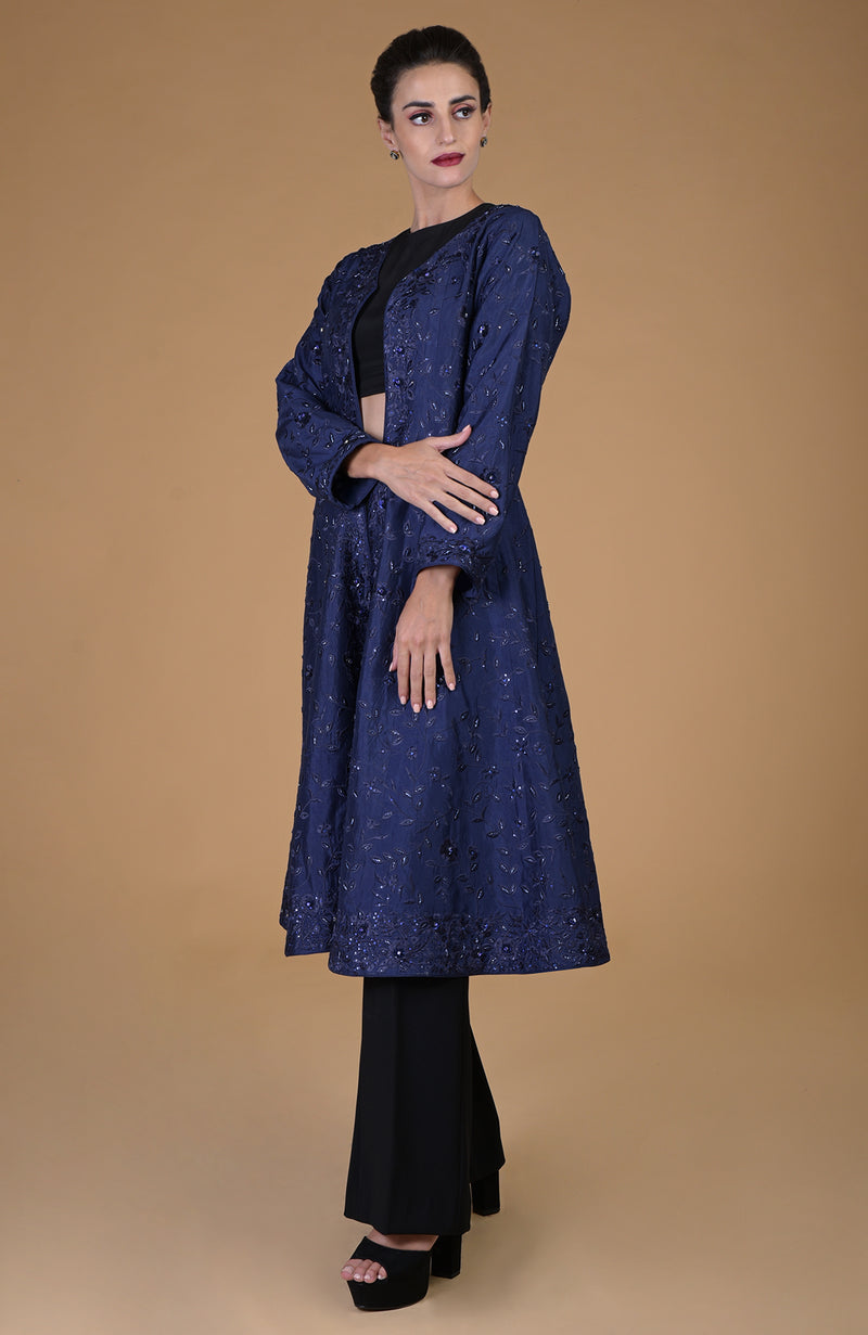 Navy Blue Floral Resham Sequin & Beads Embroidered Jacket Set
