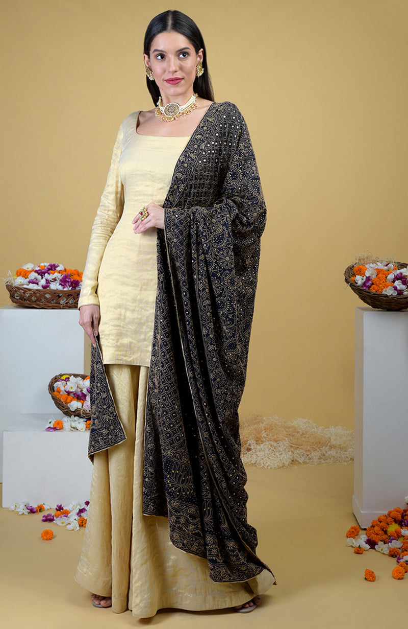 Black Chikankari & Kamdani Dupatta With Gold Tissue Sharara Suit