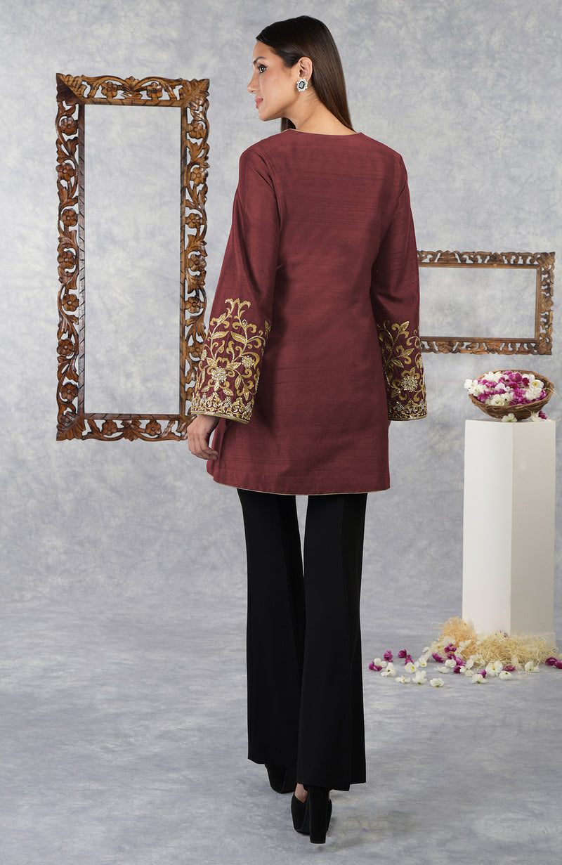 Pomegranate Raw Silk Hand Embroidered Jacket