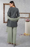 Cool Grey-Desert Sage Raw Silk Hand Embroidered Jacket Set With Dupatta