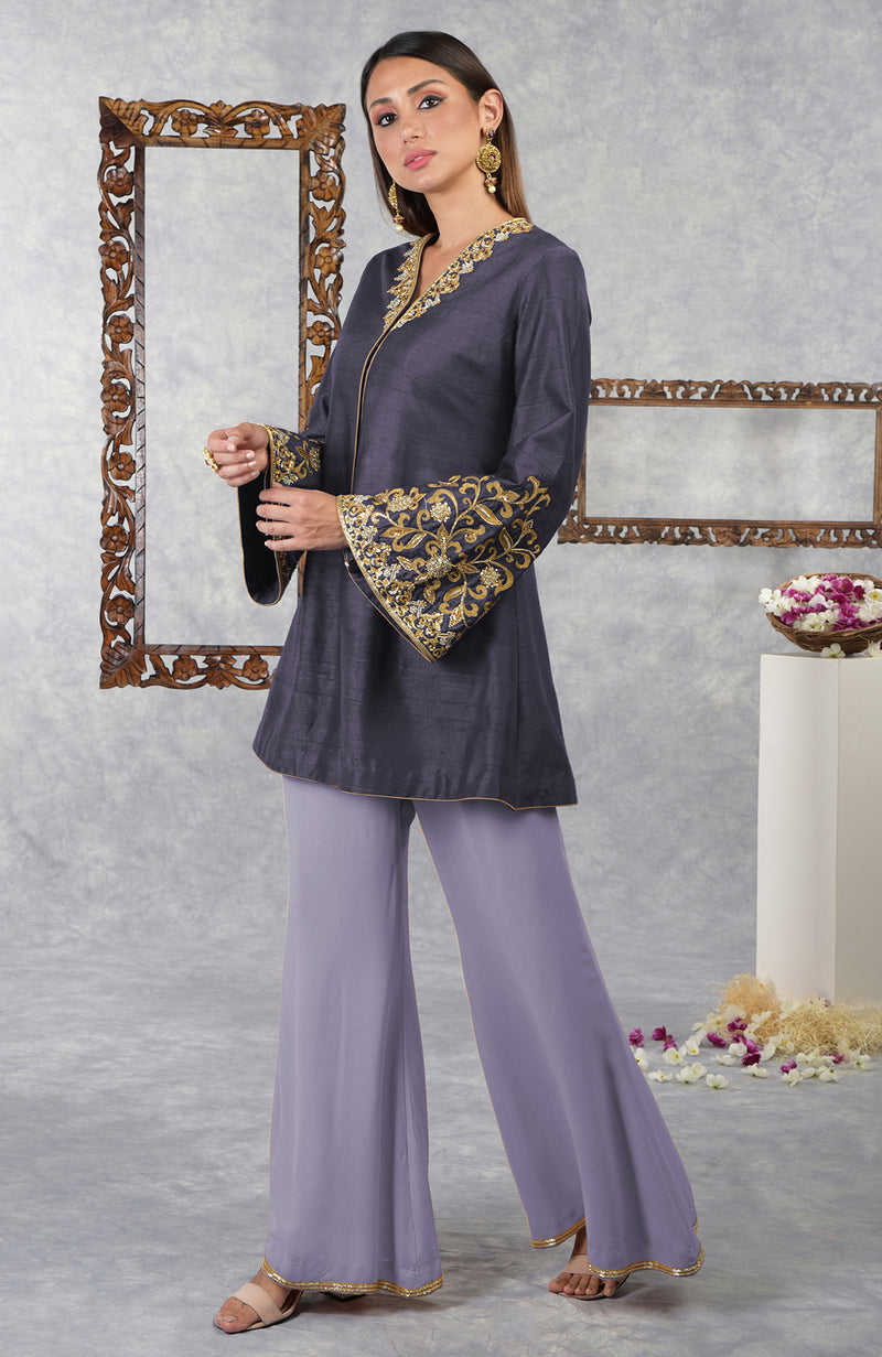 Smoky Violet-Pastel Lilac Raw Silk Hand Embroidered Jacket Set With Dupatta