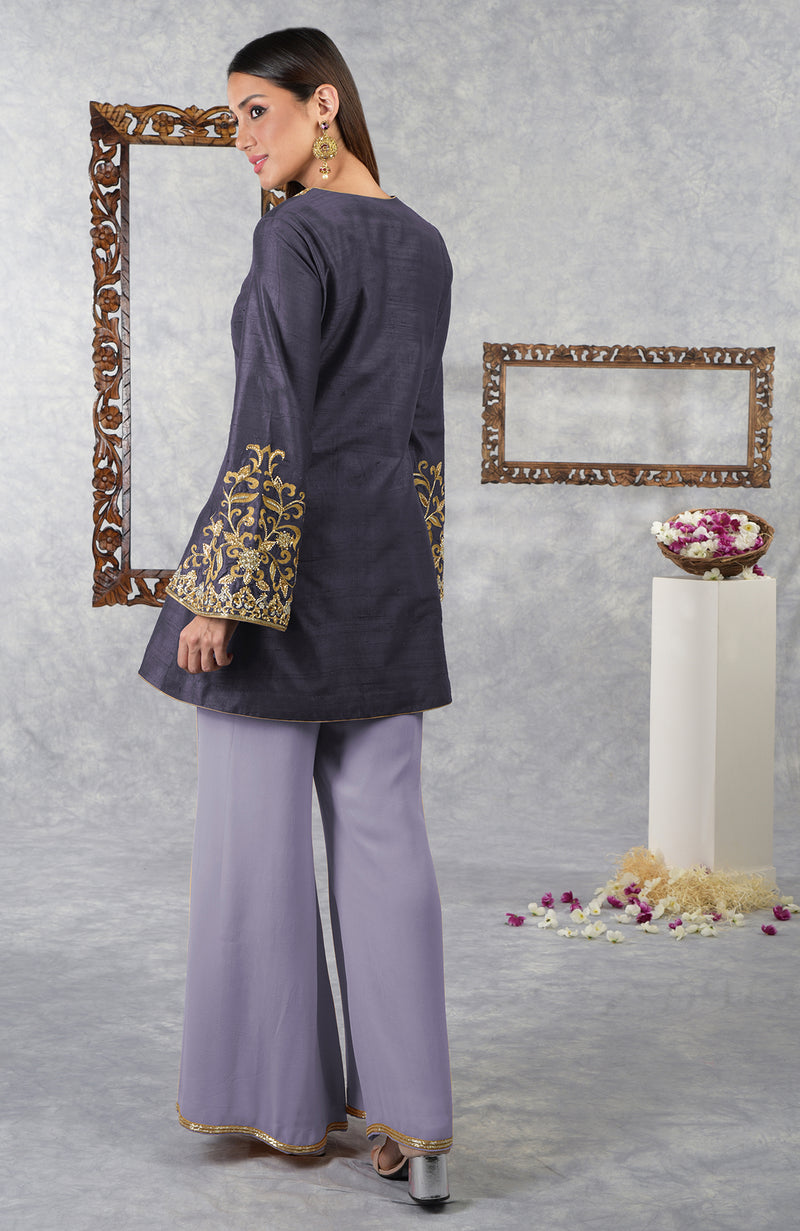 Smoky Violet-Pastel Lilac Raw Silk Hand Embroidered Jacket Set With Dupatta