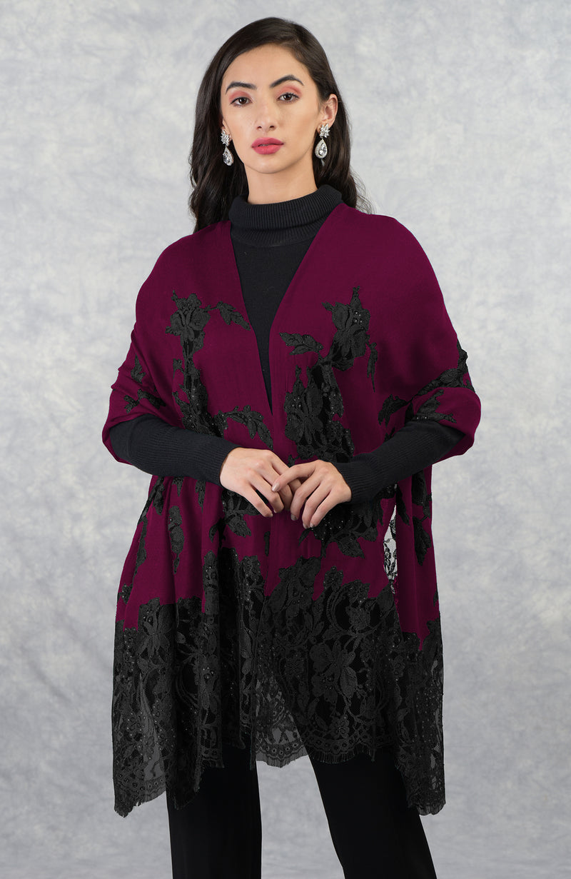 Madonna Burgundy Black Chantilly Amp Swarovski Pure Cashmere Stole