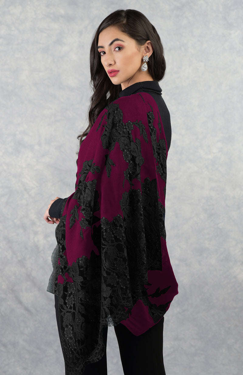 Madonna Burgundy Black Chantilly Amp Swarovski Pure Cashmere Stole