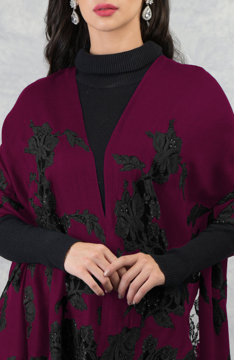 Madonna Burgundy Black Chantilly Amp Swarovski Pure Cashmere Stole