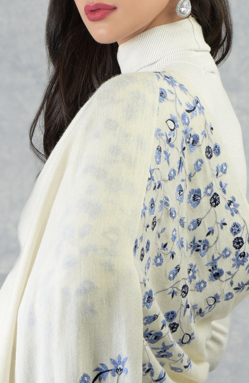 Frida Ivory-Blue Floral Embroidered Pure Cashmere Stole
