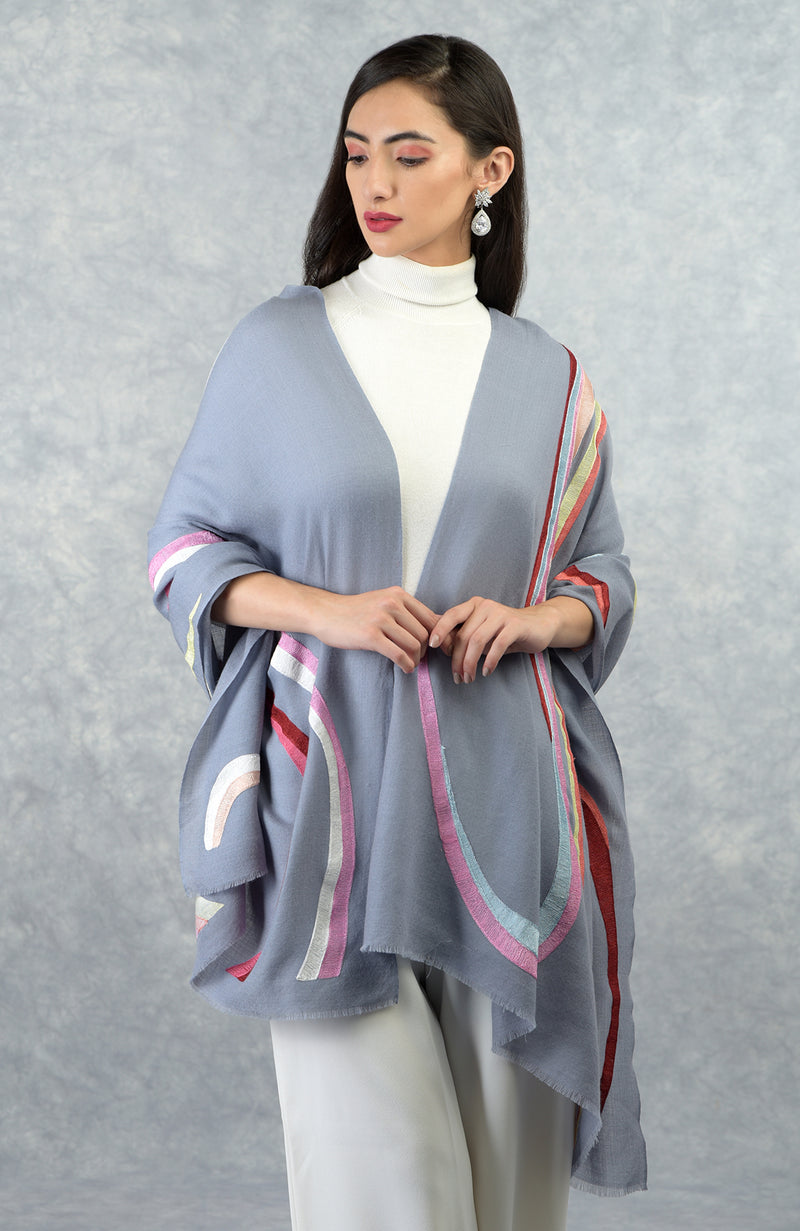 Frida Cloud Blue Color Waves Embroidered Pure Cashmere Stole