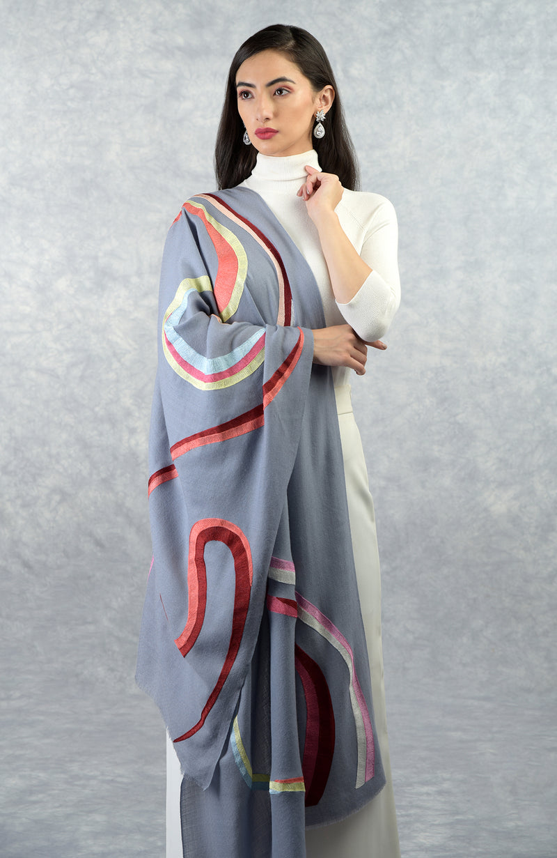 Frida Cloud Blue Color Waves Embroidered Pure Cashmere Stole