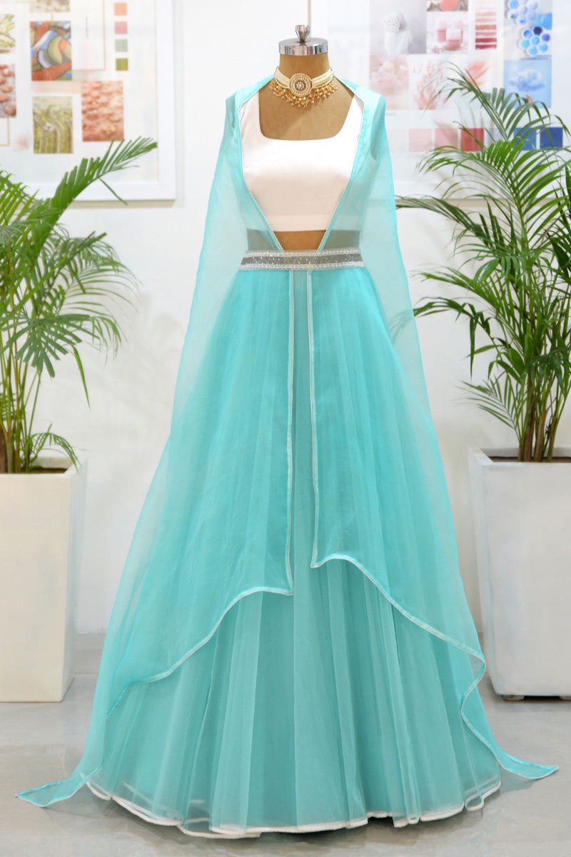Turquoise-White Tulle Skirt Set