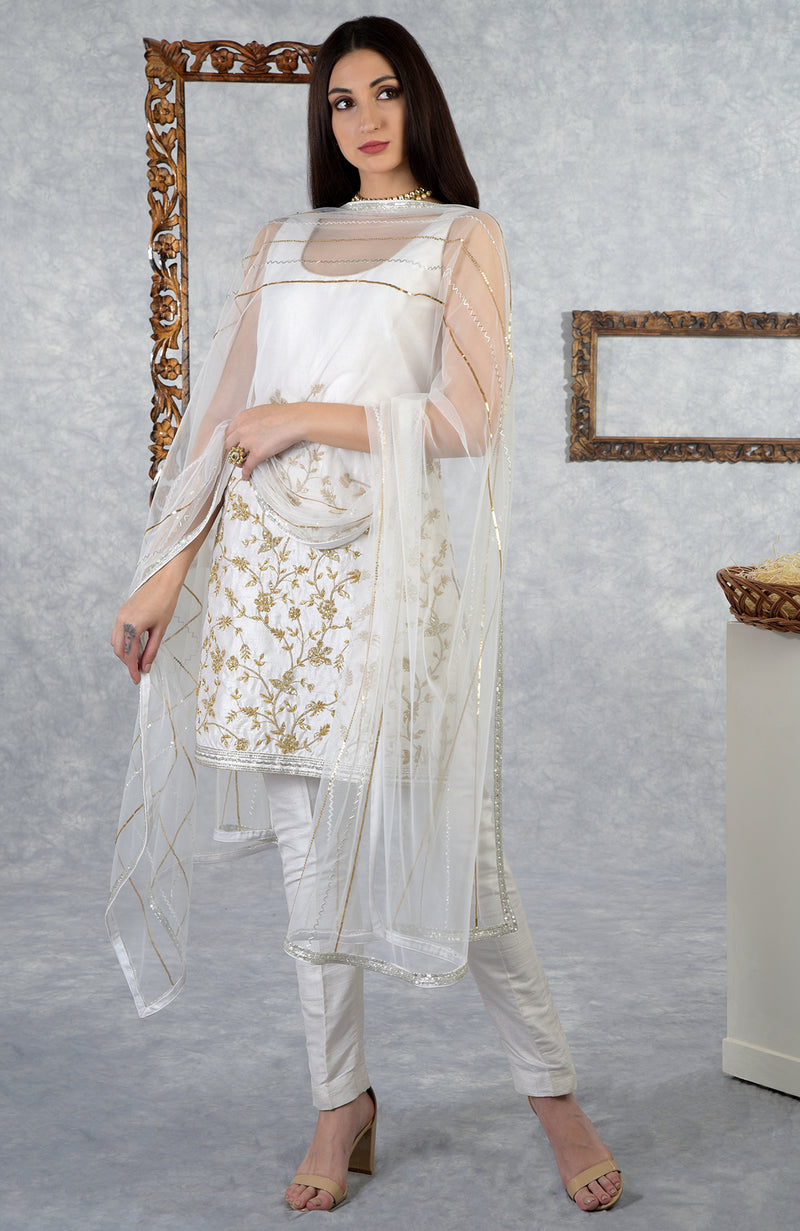 White-Gold Hand Embroidered Pants Set