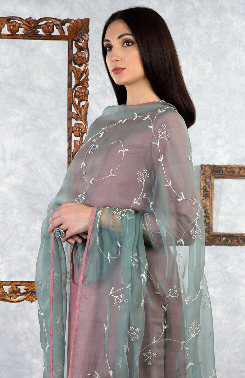 Dusty Turquoise Hand Embroidered Organza Dupatta