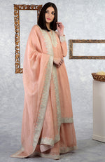 On Her: Pale Peach Kashmiri Tilla Embroidered Kurta Set | On Him: Blush Raw Silk Achkan Sherwani Set