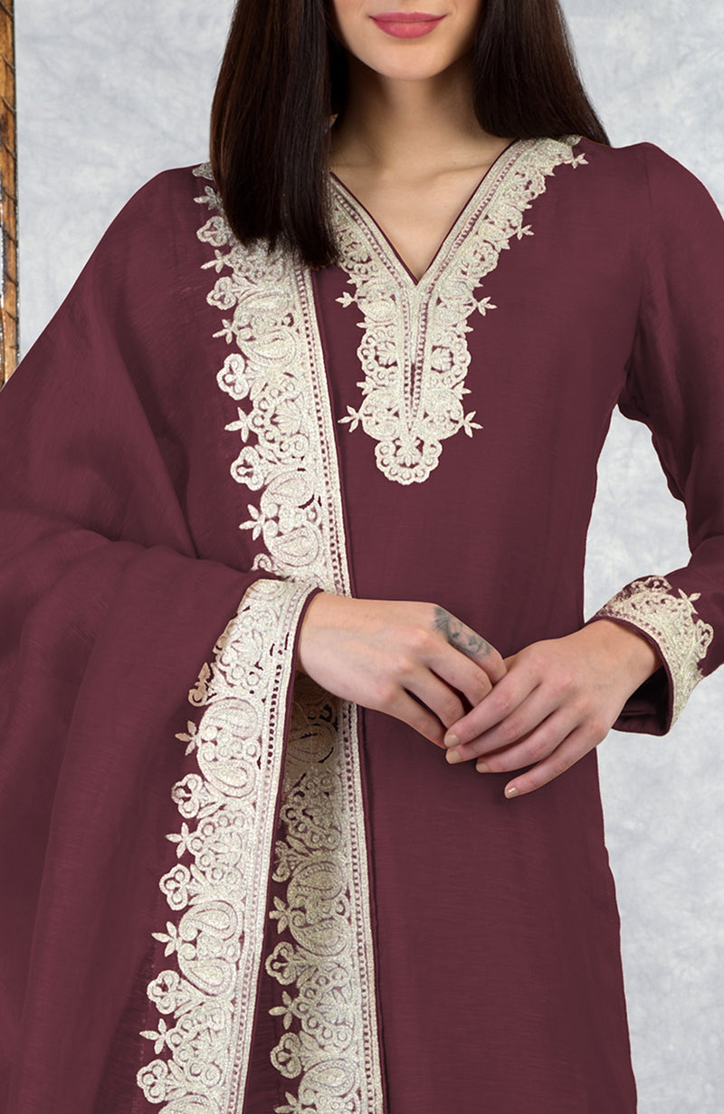 Burgundy Kashmiri Tilla Embroidered Kurta Set