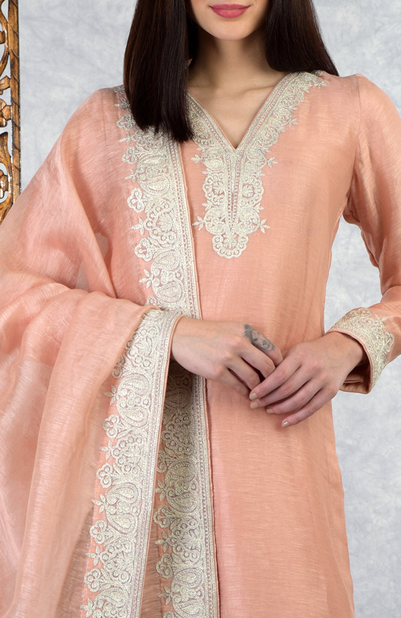 Pale Peach Kashmiri Tilla Embroidered Kurta Set