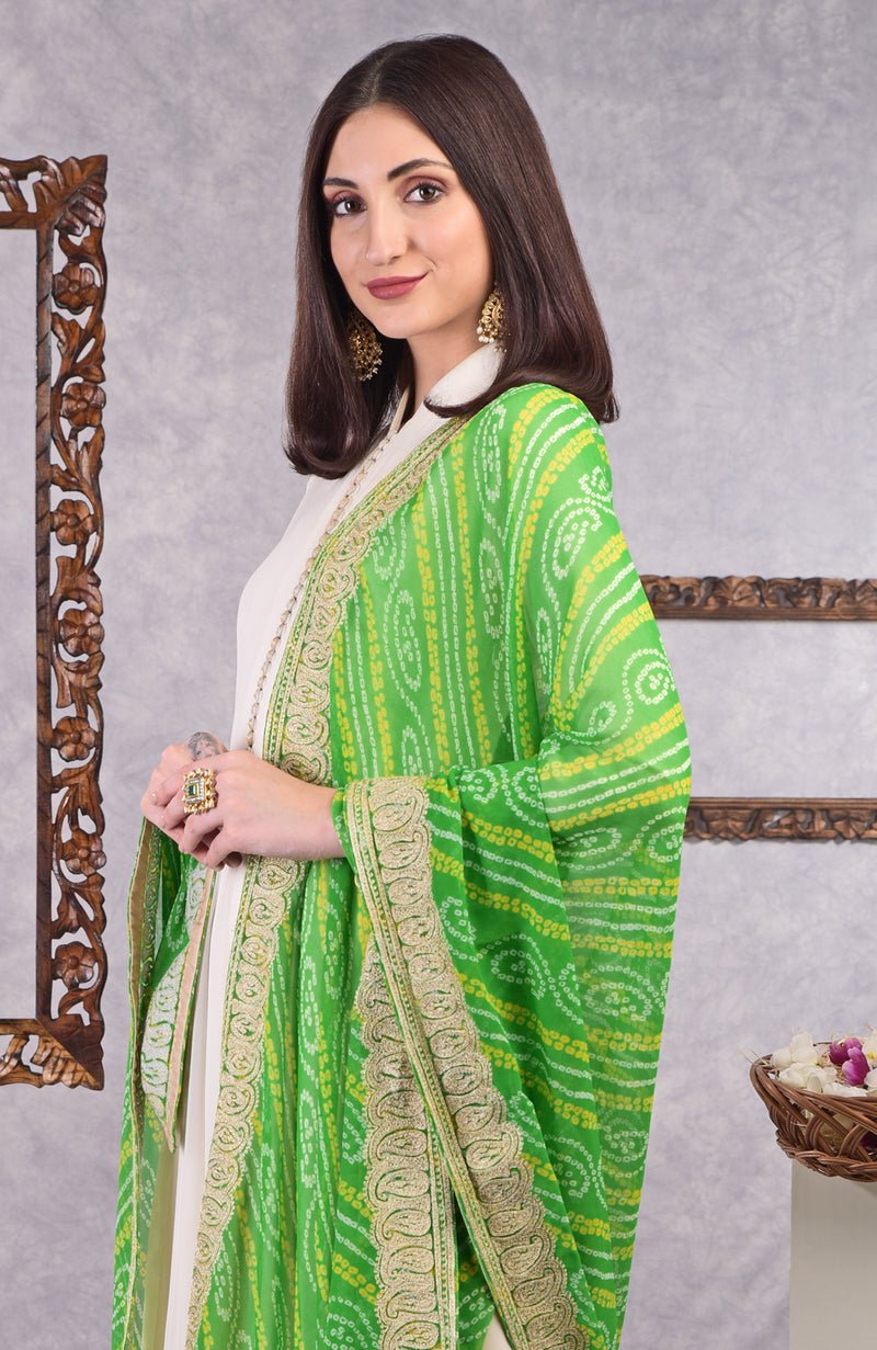 Green Bandhani Kashmiri Tilla Embroidered Dupatta With Anarkali
