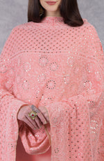 Peach Pink Chikankari And Kamdani Hand Embroidered Pure Georgette Dupatta
