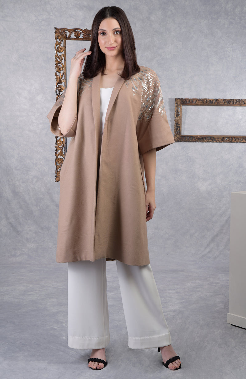Camel Beige Hand Embroidered Pure Wool Crepe Jacket