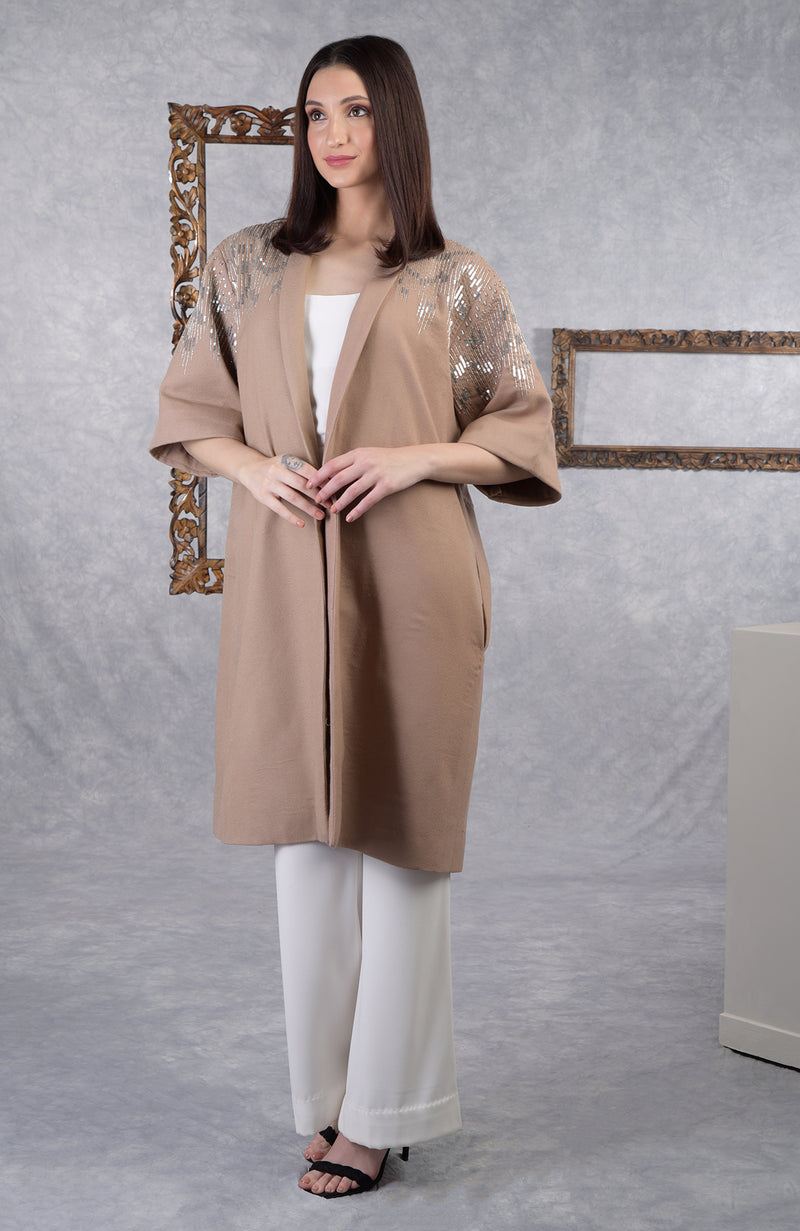 Camel Beige Hand Embroidered Pure Wool Crepe Jacket