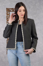 Dark Grey Hand Embroidered Tweed Structured Jacket