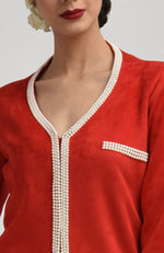 Red Suede Pearl Beaded Hand Embroidered Jacket