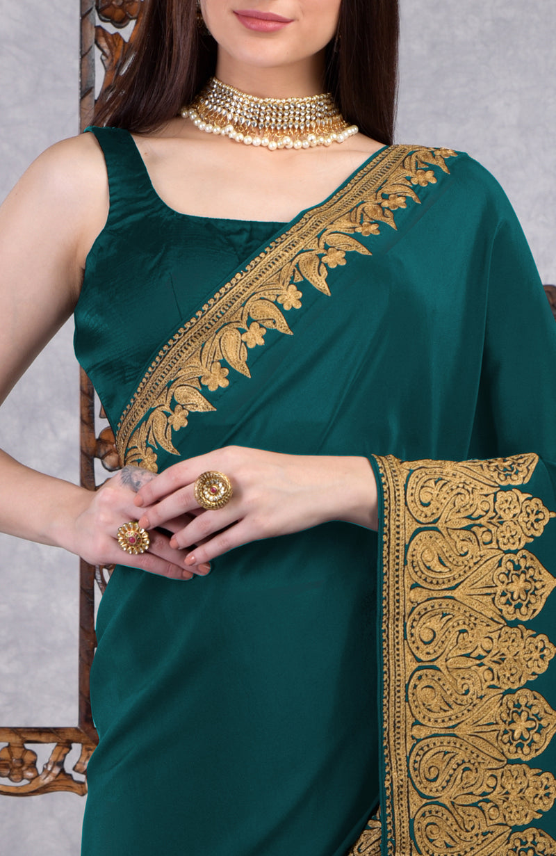 Teal-Gold Kashmiri Tilla Aari Embroidered Crepe Saree