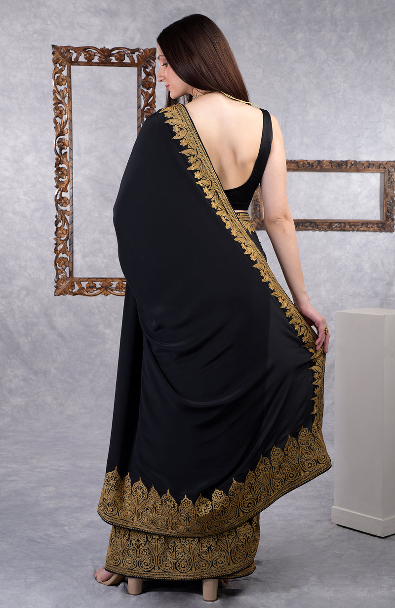 Black-Gold Kashmiri Tilla Aari Embroidered Pure Crepe Saree