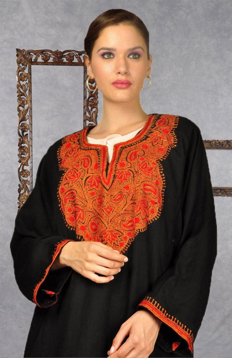 Black Pure Wool Crepe Floral & Paisley Resham Embroidered Phiran