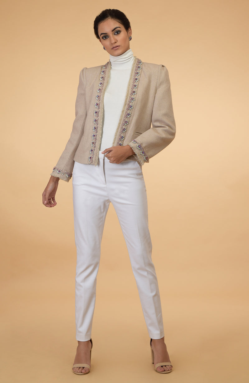 Crystal Hand Embroidered Beige Tweed Jacket