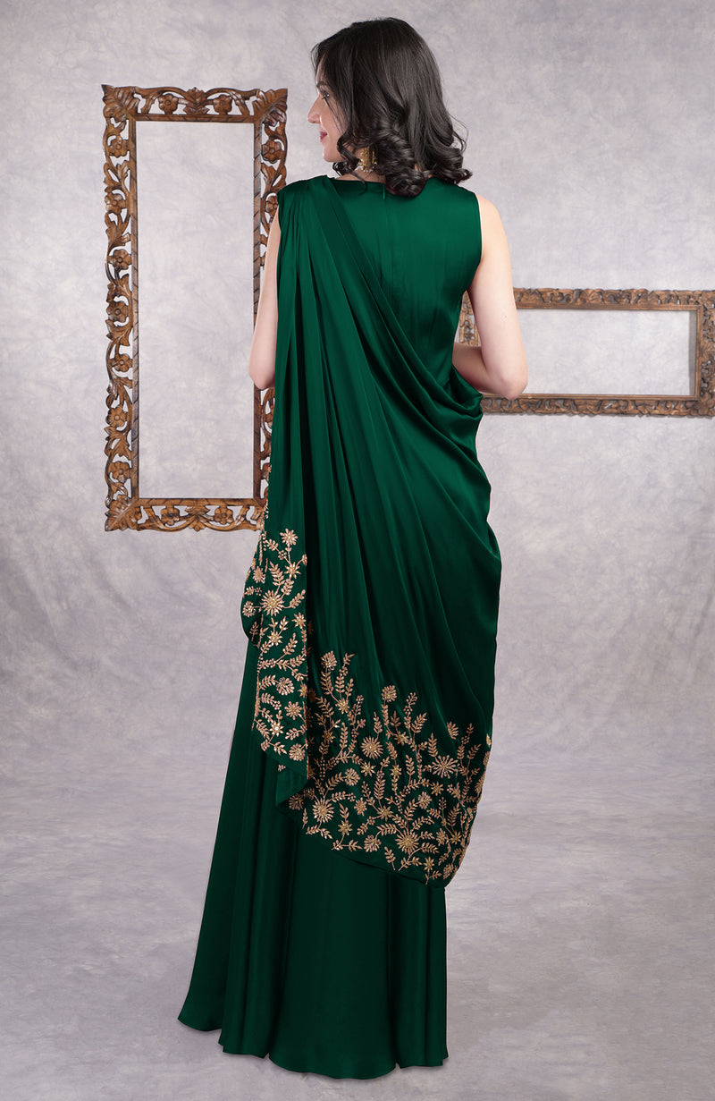 Emerald Green - Gold Hand Embroidered Toga Saree