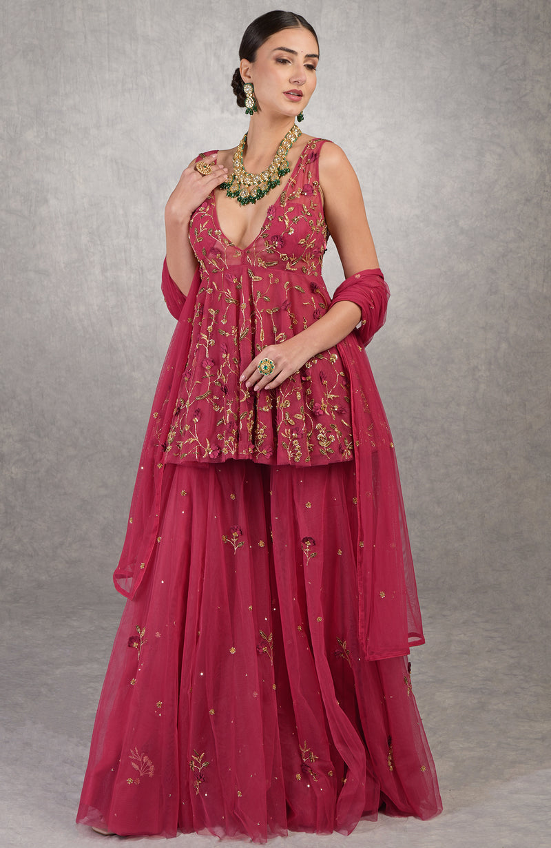 To be in love Red 3 D Floral & Zardozi Hand Embroidered Sharara Set