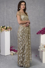 Beige French Chantilly Lace Pearl Beaded Saree With Hand Embroidered Blouse