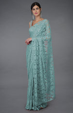 Blue Haze French Chantilly Lace Saree With Hand Embroidered Blouse