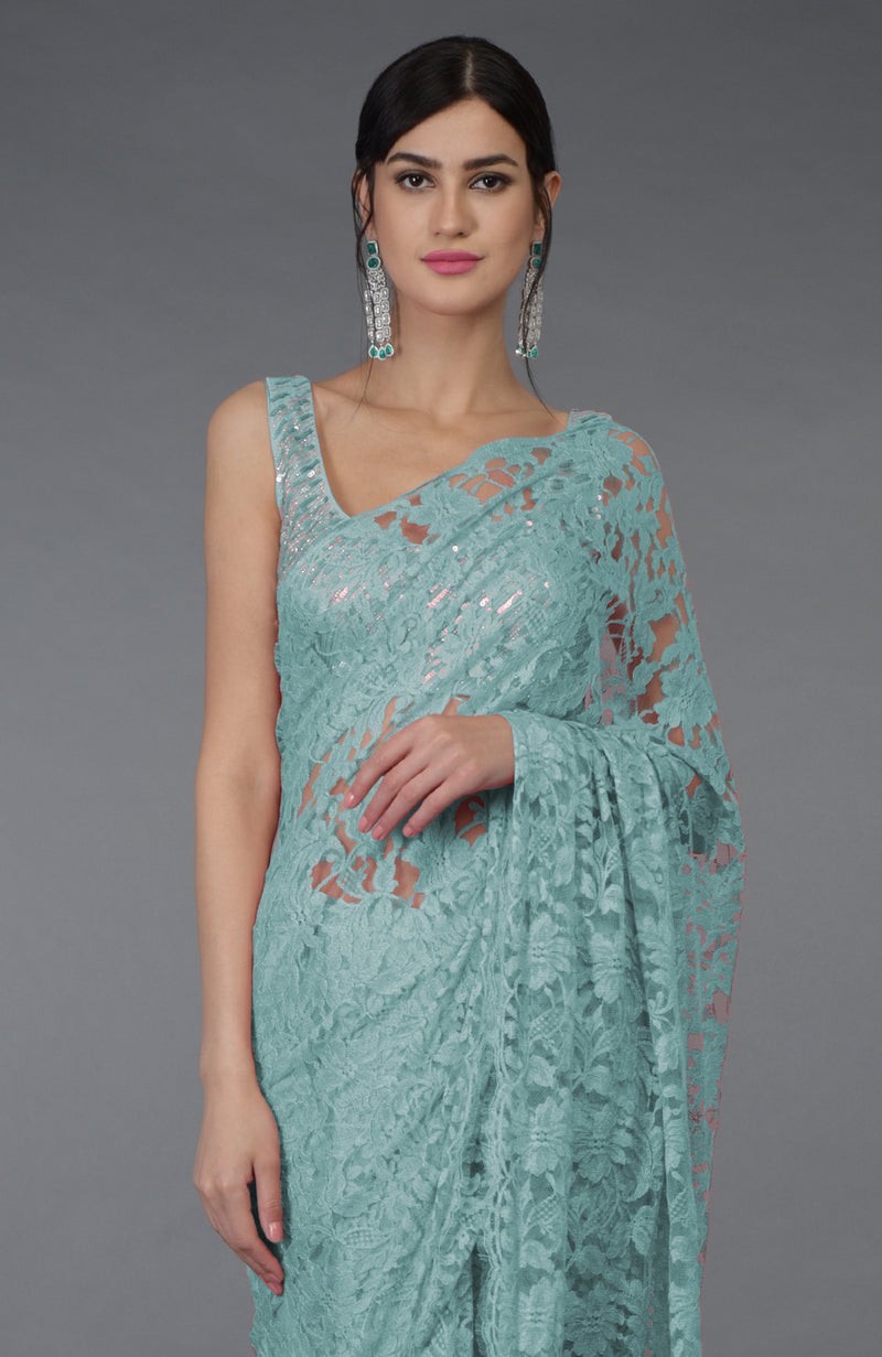 Blue Haze French Chantilly Lace Saree With Hand Embroidered Blouse