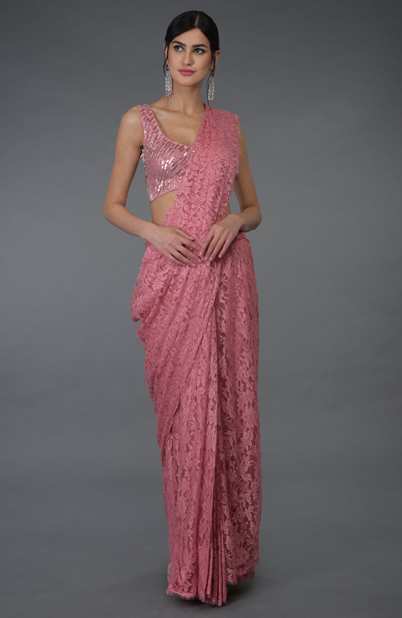 Elderberry French Chantilly Lace Saree With Hand Embroidered Blouse