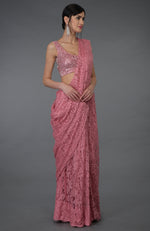 Pressed Rose French Chantilly Lace Saree With Hand Embroidered Blouse