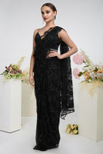 Black Handcrafted Swarovski Crystal French Chantilly Lace Saree with Embellished Blouse