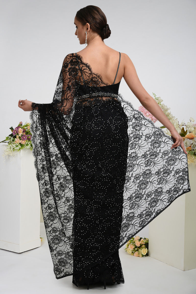 Black Handcrafted Swarovski Crystal French Chantilly Lace Saree with Embellished Blouse