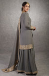 On Her: Grey Gota Patti & Zardozi Embroidered Sharara Set | On Him:  Steel Grey Silk Achkan Sherwani Set