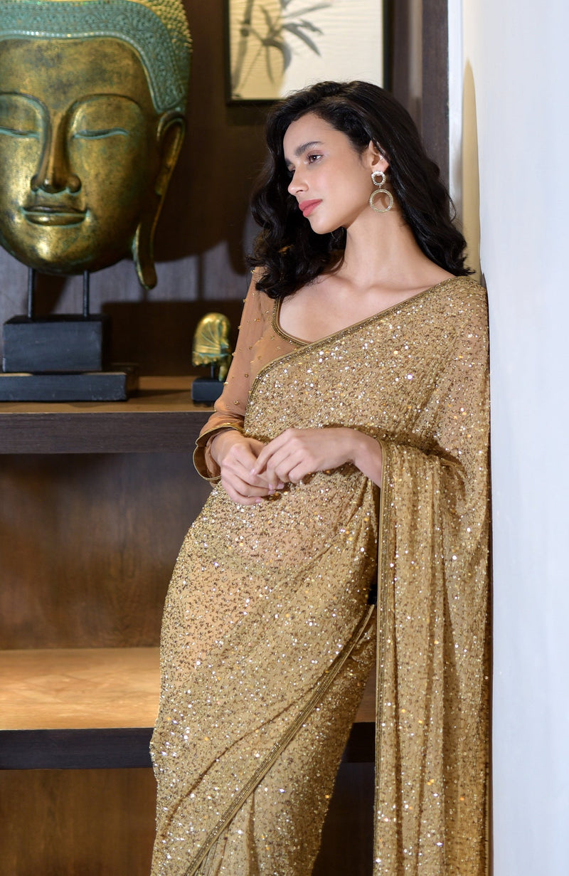 Gold Bead & Sequin Hand Embroidered Saree
