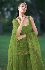 Mehandi Green 3D Floral & Zardozi Hand Embroidered Sharara Set